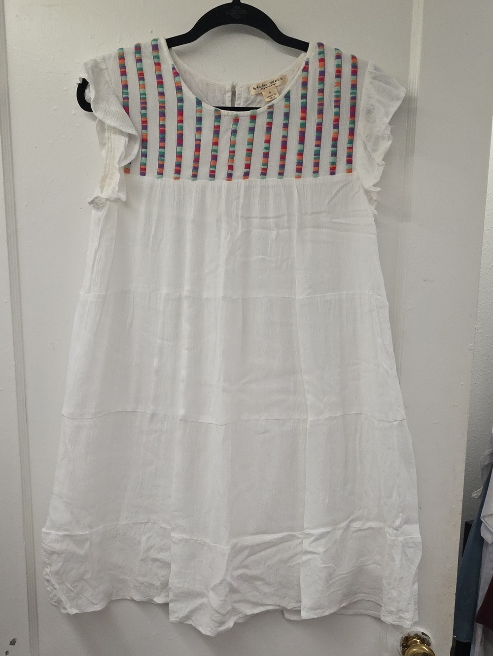 Studio West Embroidered Boho Dress Flutter Sleeve Tiered Shift Dress Small
